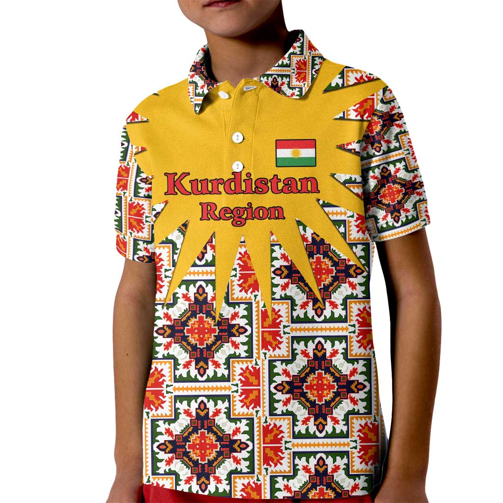 Iraq Kurdistan Region Kid Polo Shirt Traditional Pattern Yellow Red Green - Wonder Print Shop