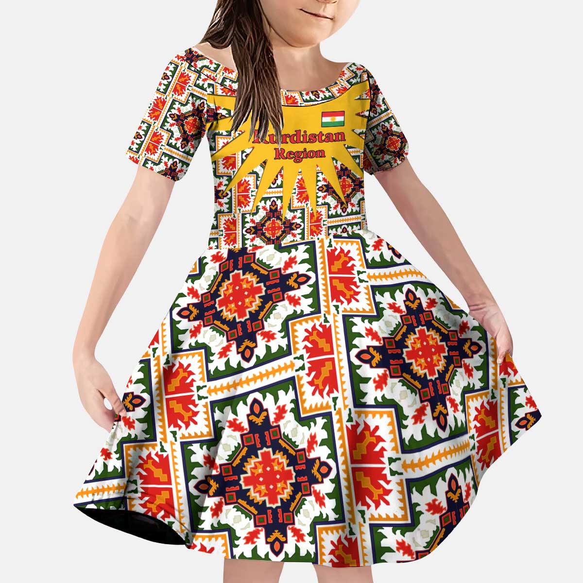 Iraq Kurdistan Region Kid Short Sleeve Dress Traditional Pattern Yellow Red Green - Wonder Print Shop