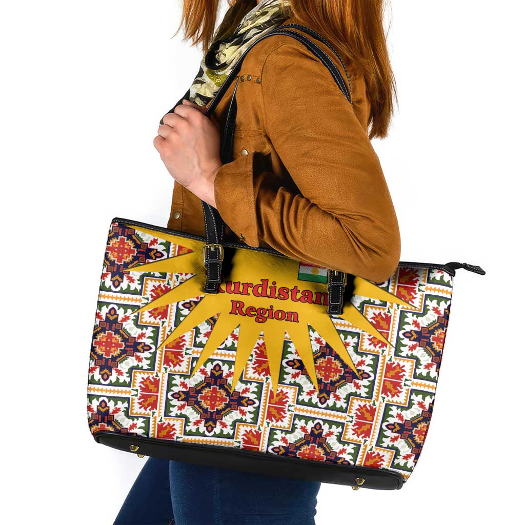 Iraq Kurdistan Region Leather Tote Bag Traditional Pattern Yellow Red Green - Wonder Print Shop
