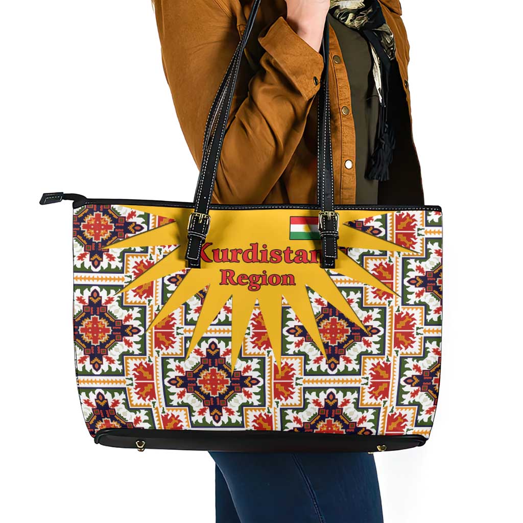 Iraq Kurdistan Region Leather Tote Bag Traditional Pattern Yellow Red Green - Wonder Print Shop