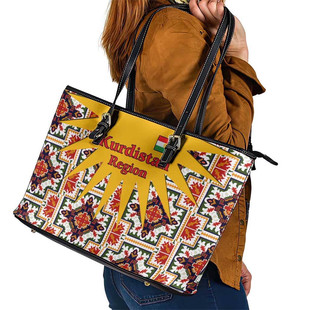 Iraq Kurdistan Region Leather Tote Bag Traditional Pattern Yellow Red Green - Wonder Print Shop