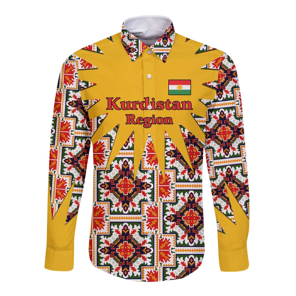 Iraq Kurdistan Region Long Sleeve Button Shirt Traditional Pattern Yellow Red Green - Wonder Print Shop