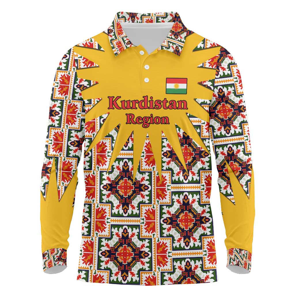 Iraq Kurdistan Region Long Sleeve Polo Shirt Traditional Pattern Yellow Red Green - Wonder Print Shop