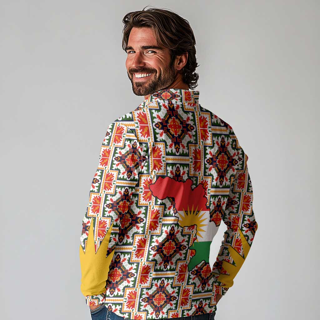Iraq Kurdistan Region Long Sleeve Polo Shirt Traditional Pattern Yellow Red Green - Wonder Print Shop