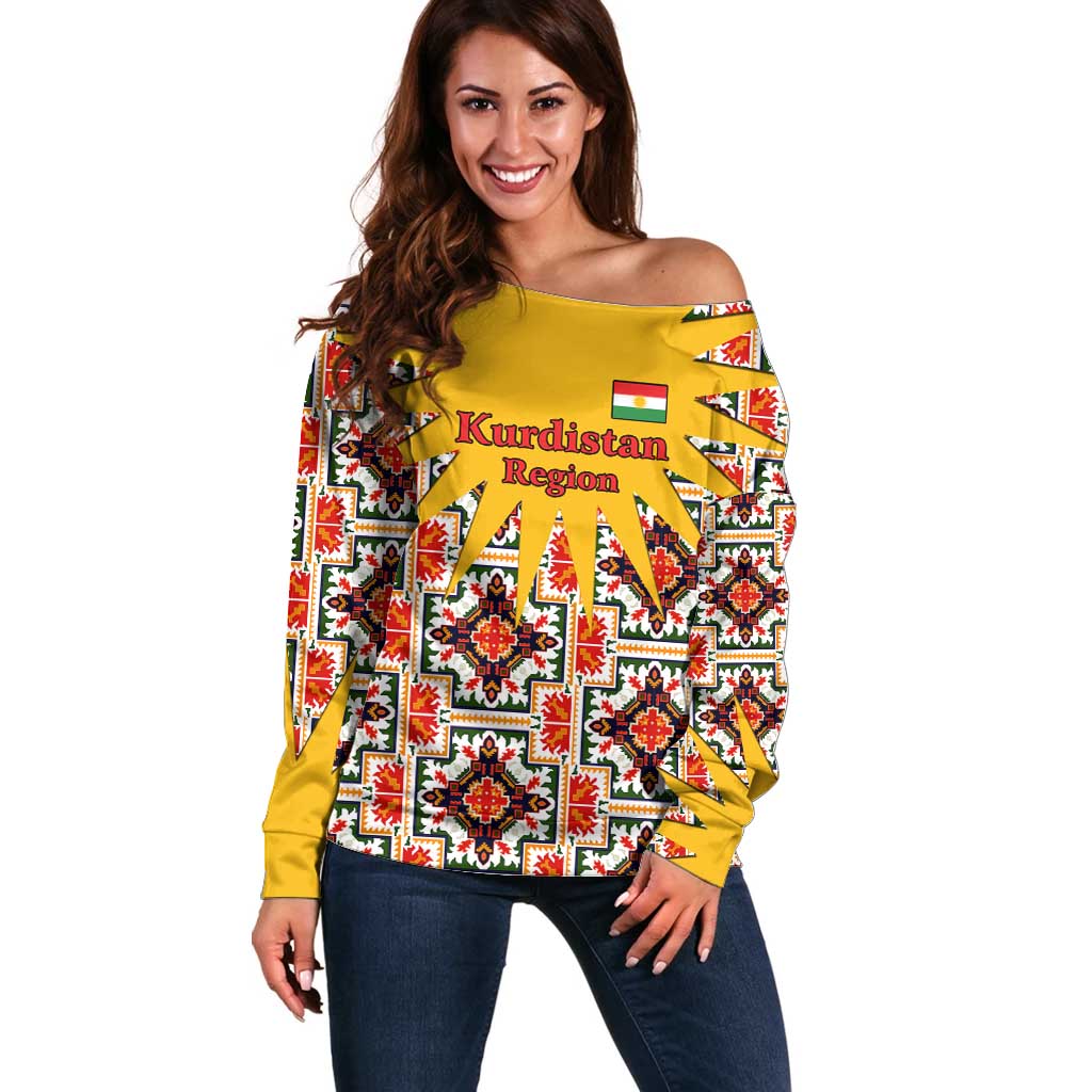 Iraq Kurdistan Region Off Shoulder Sweater Traditional Pattern Yellow Red Green - Wonder Print Shop