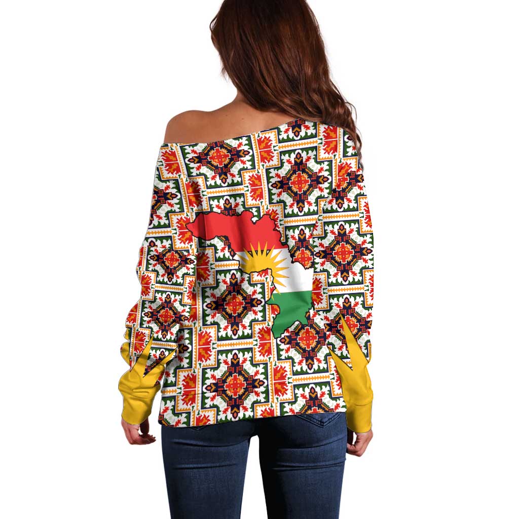 Iraq Kurdistan Region Off Shoulder Sweater Traditional Pattern Yellow Red Green - Wonder Print Shop