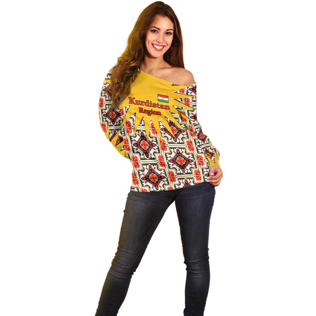 Iraq Kurdistan Region Off Shoulder Sweater Traditional Pattern Yellow Red Green - Wonder Print Shop
