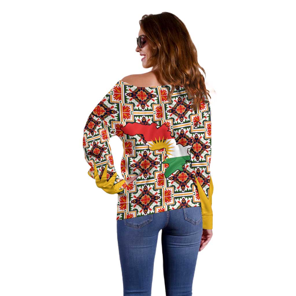 Iraq Kurdistan Region Off Shoulder Sweater Traditional Pattern Yellow Red Green - Wonder Print Shop