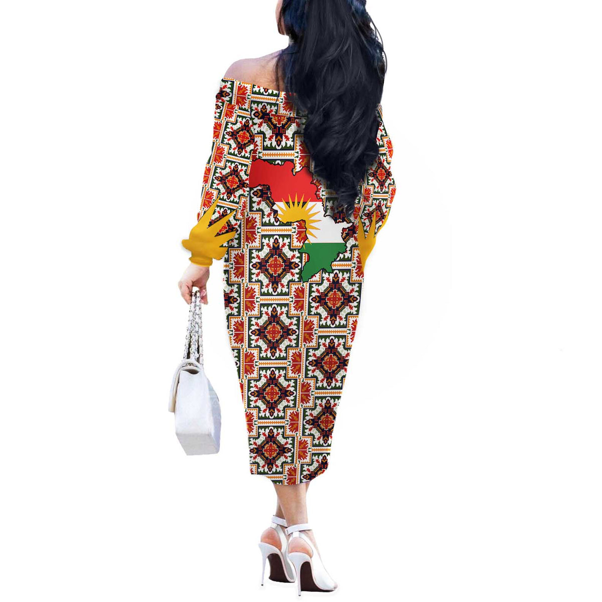 Iraq Kurdistan Region Off The Shoulder Long Sleeve Dress Traditional Pattern Yellow Red Green - Wonder Print Shop