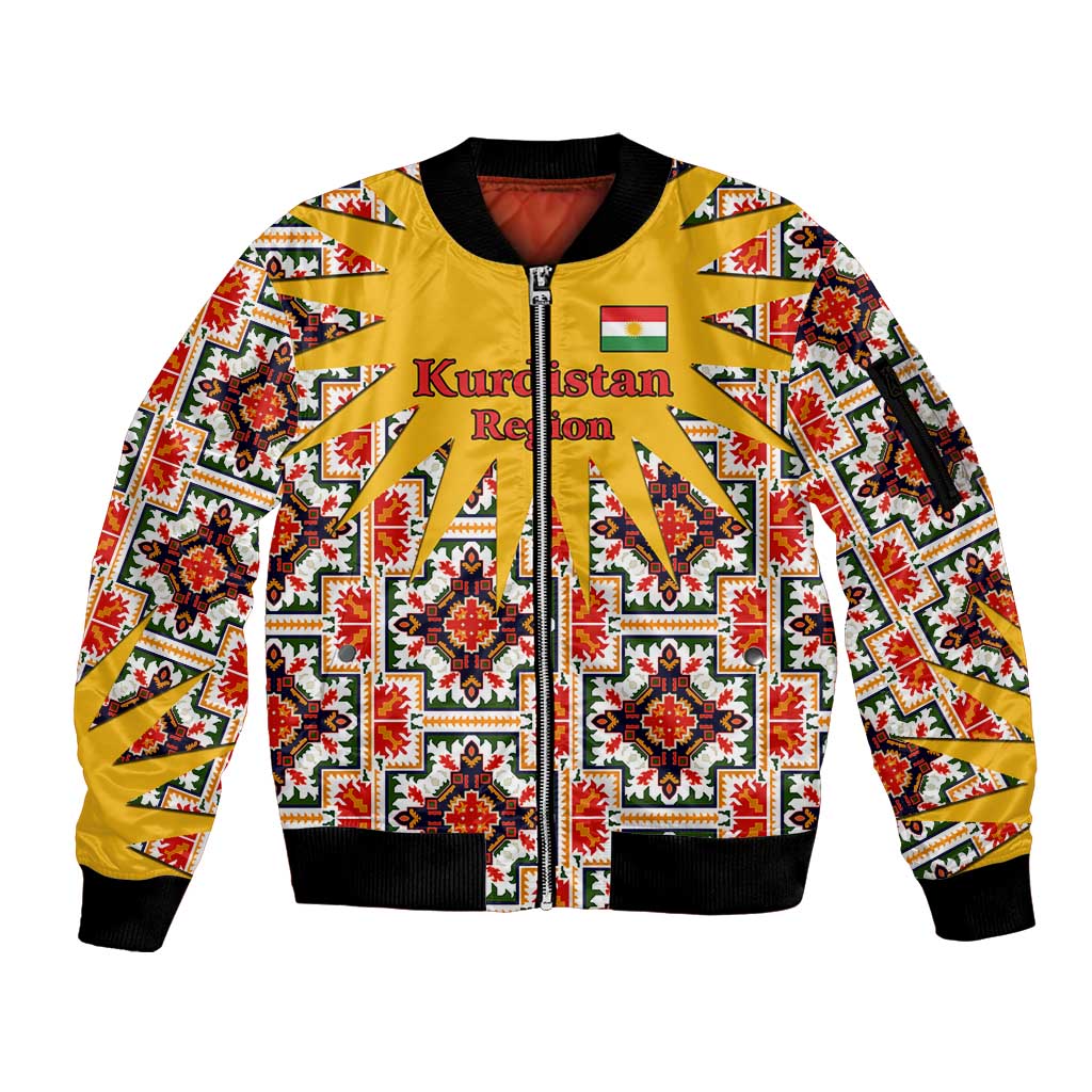 Iraq Kurdistan Region Sleeve Zip Bomber Jacket Traditional Pattern Yellow Red Green - Wonder Print Shop