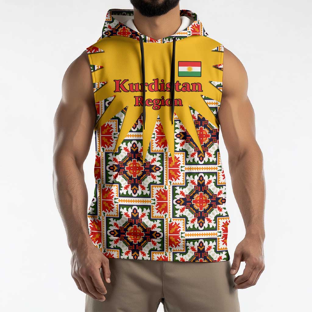 Iraq Kurdistan Region Sleeveless Hoodie Traditional Pattern Yellow Red Green - Wonder Print Shop