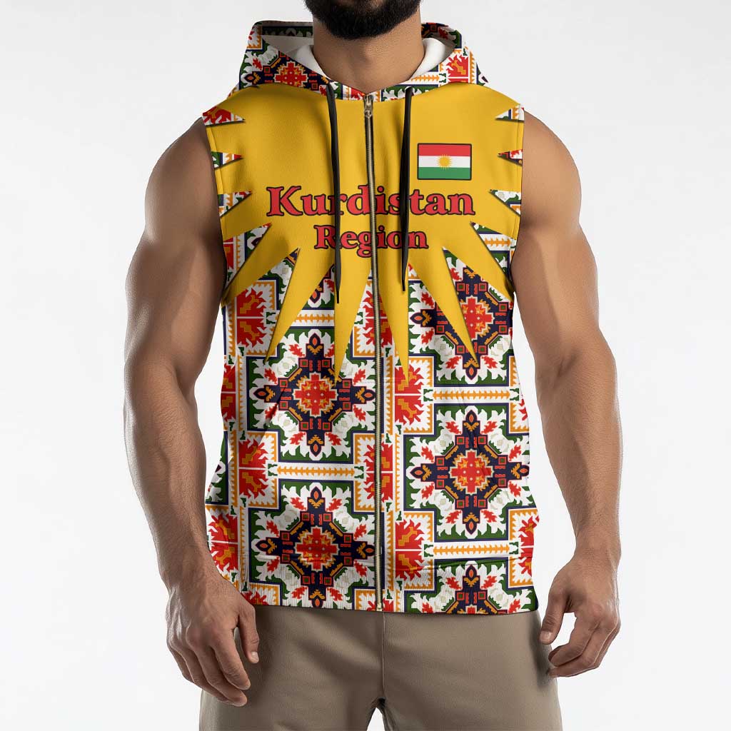 Iraq Kurdistan Region Sleeveless Zip Hoodie Traditional Pattern Yellow Red Green - Wonder Print Shop