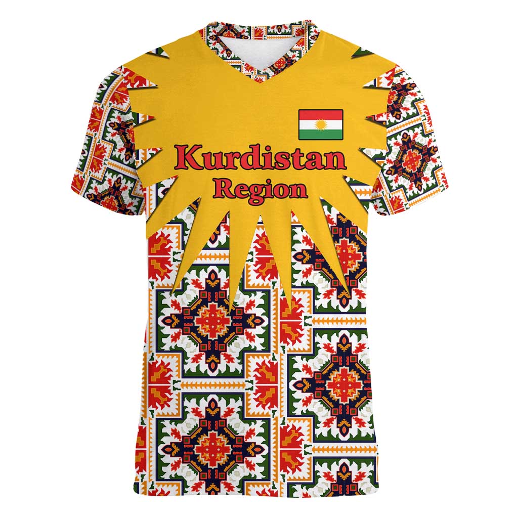 Iraq Kurdistan Region Women V-Neck T-Shirt Traditional Pattern Yellow Red Green - Wonder Print Shop