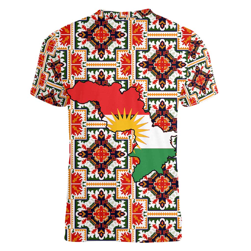 Iraq Kurdistan Region Women V-Neck T-Shirt Traditional Pattern Yellow Red Green - Wonder Print Shop