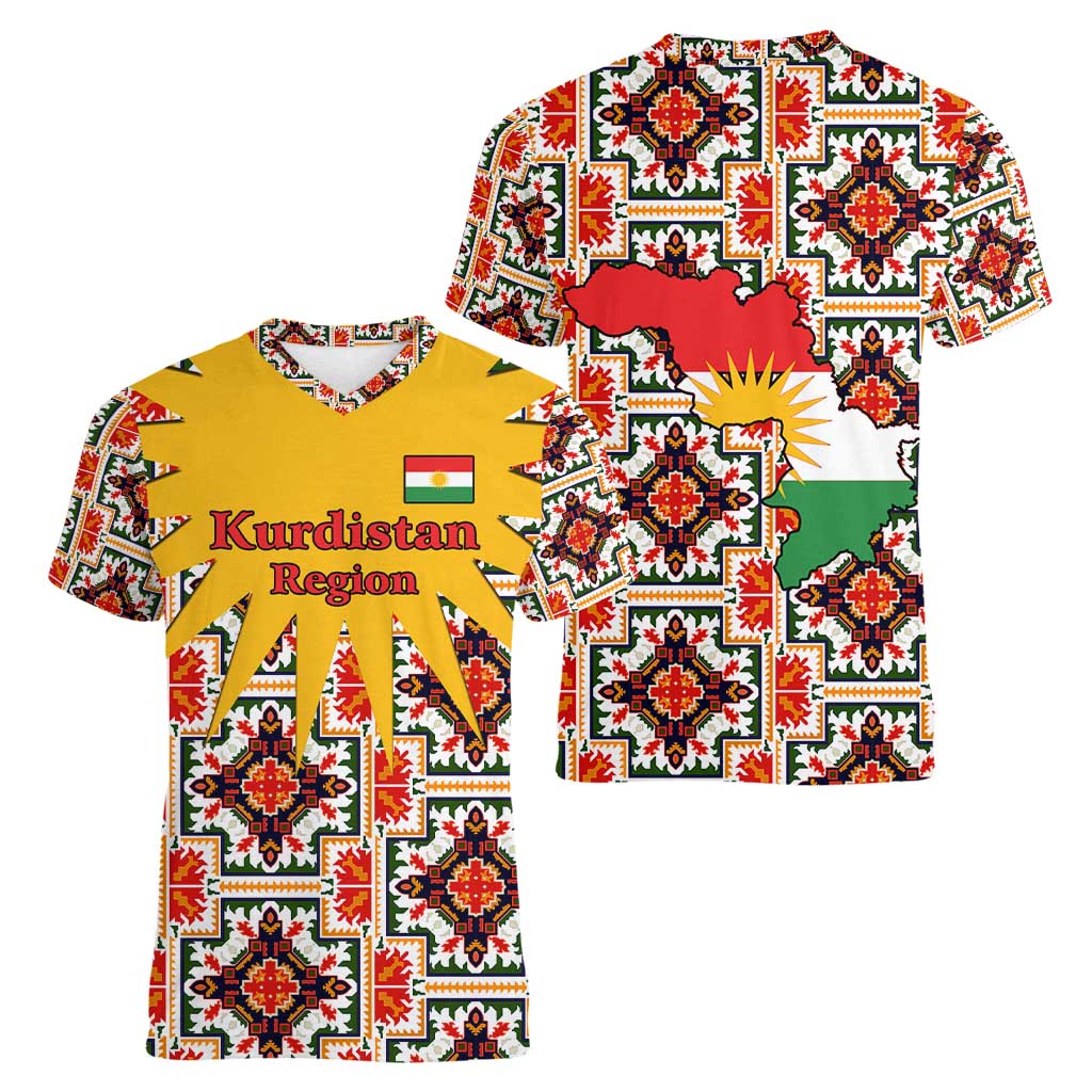 Iraq Kurdistan Region Women V-Neck T-Shirt Traditional Pattern Yellow Red Green - Wonder Print Shop