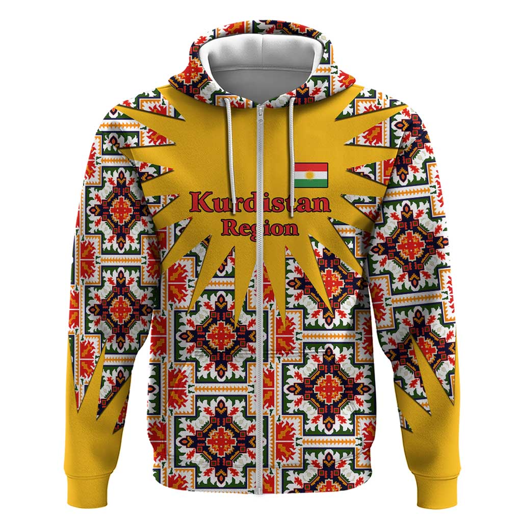 Iraq Kurdistan Region Zip Hoodie Traditional Pattern Yellow Red Green - Wonder Print Shop