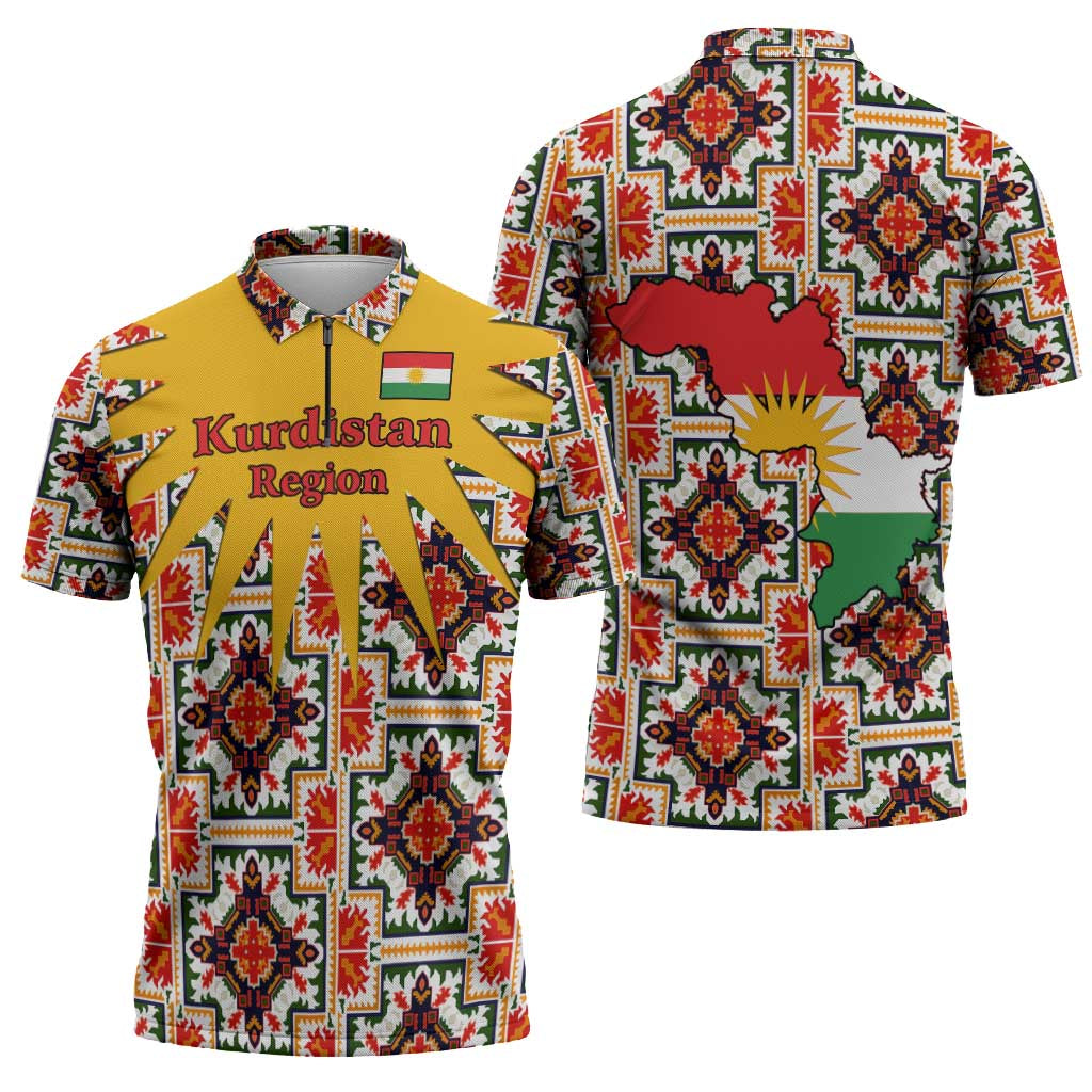 Iraq Kurdistan Region Zipper Polo Shirt Traditional Pattern Yellow Red Green - Wonder Print Shop