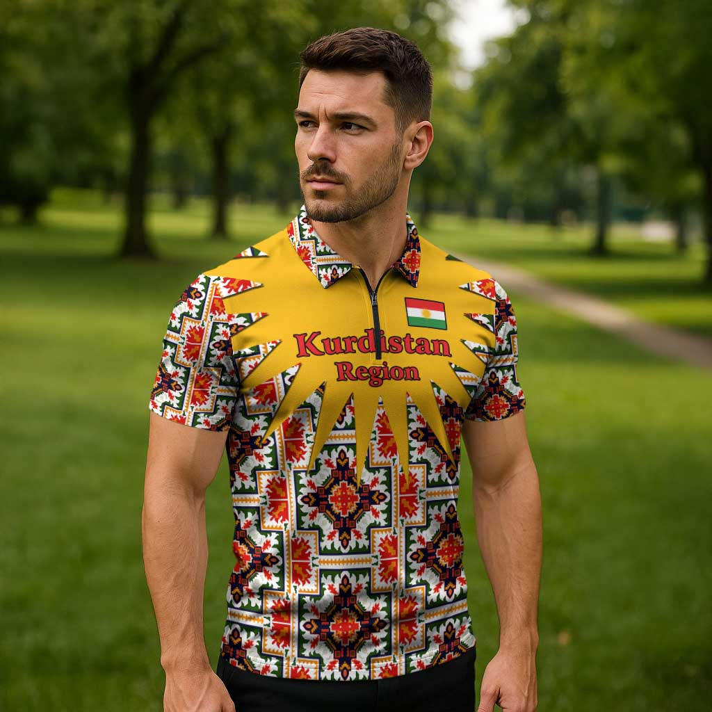 Iraq Kurdistan Region Zipper Polo Shirt Traditional Pattern Yellow Red Green - Wonder Print Shop