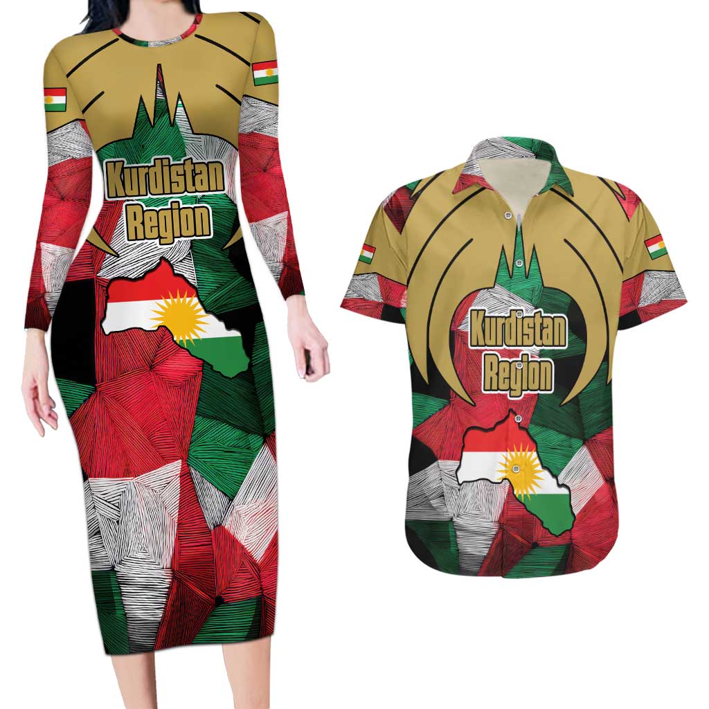 Kurdistan Region Iraq Couples Matching Long Sleeve Bodycon Dress and Hawaiian Shirt Eagle Emblem Red Green Black - Wonder Print Shop