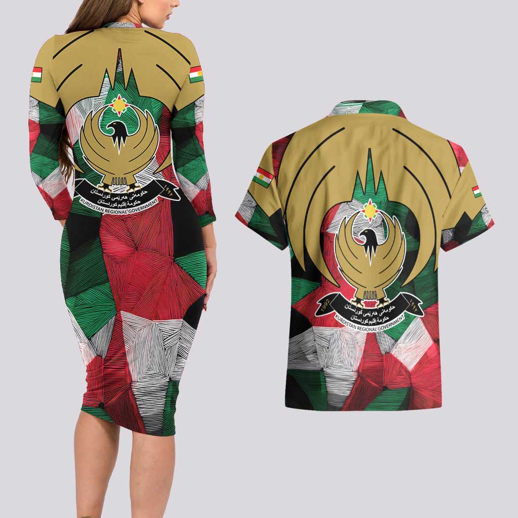 Kurdistan Region Iraq Couples Matching Long Sleeve Bodycon Dress and Hawaiian Shirt Eagle Emblem Red Green Black - Wonder Print Shop