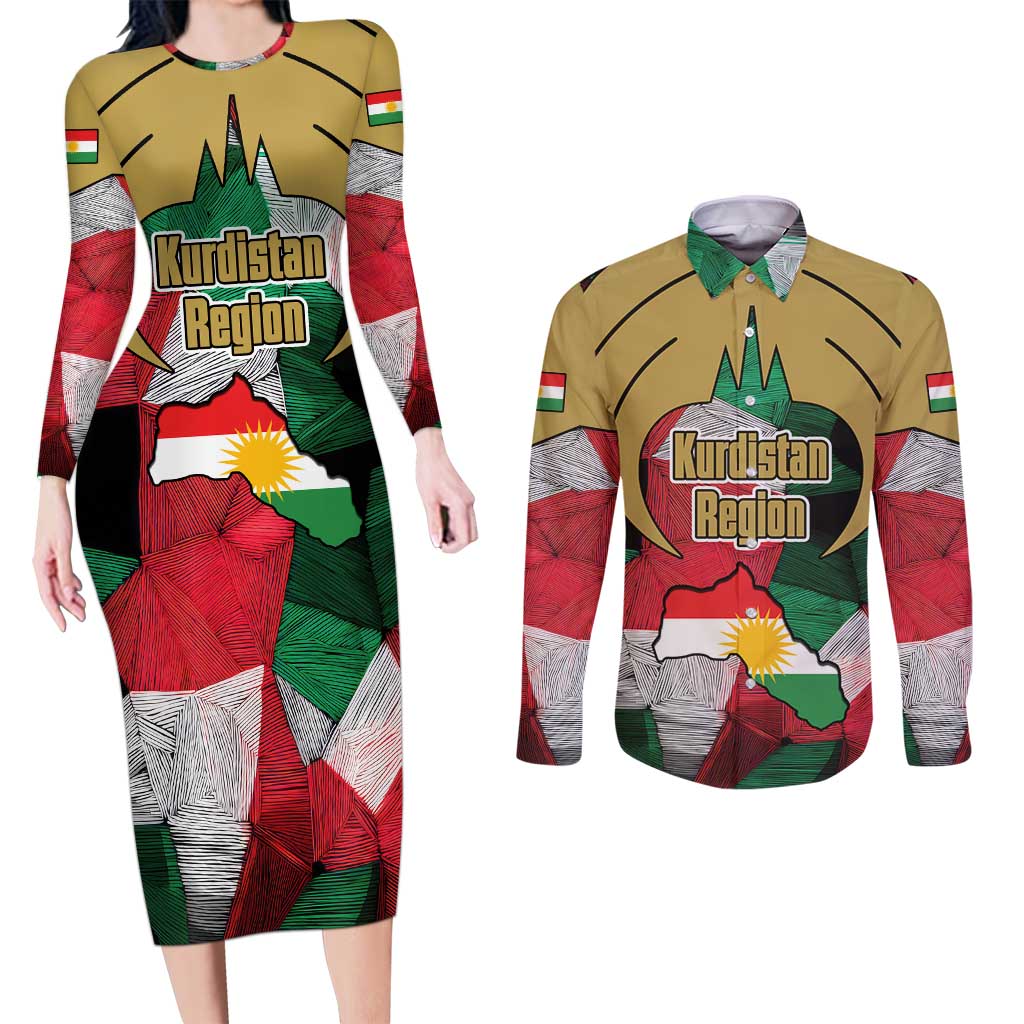 Kurdistan Region Iraq Couples Matching Long Sleeve Bodycon Dress and Long Sleeve Button Shirt Eagle Emblem Red Green Black - Wonder Print Shop
