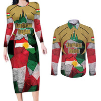 Kurdistan Region Iraq Couples Matching Long Sleeve Bodycon Dress and Long Sleeve Button Shirt Eagle Emblem Red Green Black - Wonder Print Shop