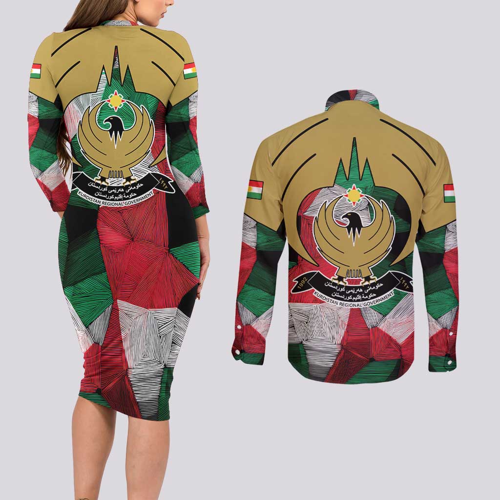 Kurdistan Region Iraq Couples Matching Long Sleeve Bodycon Dress and Long Sleeve Button Shirt Eagle Emblem Red Green Black - Wonder Print Shop