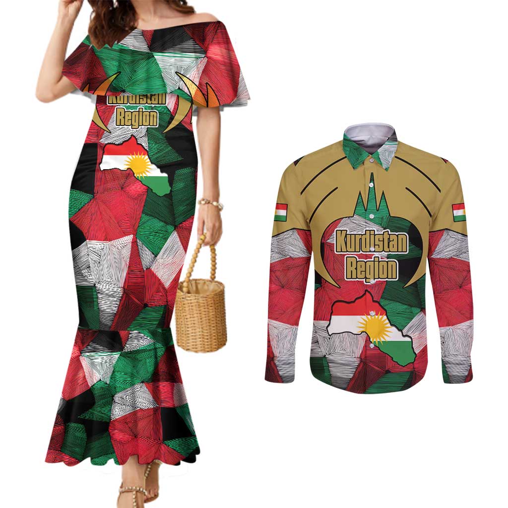 Kurdistan Region Iraq Couples Matching Mermaid Dress and Long Sleeve Button Shirt Eagle Emblem Red Green Black - Wonder Print Shop