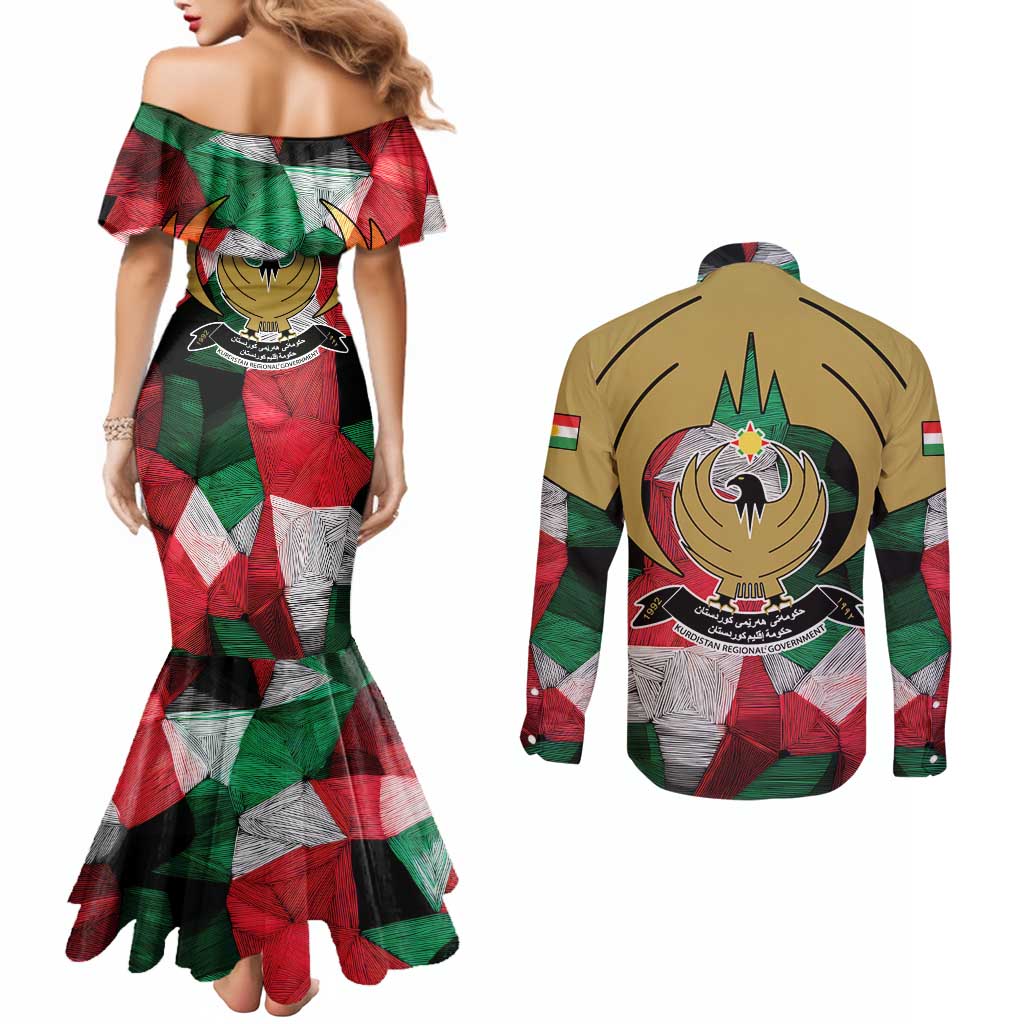 Kurdistan Region Iraq Couples Matching Mermaid Dress and Long Sleeve Button Shirt Eagle Emblem Red Green Black - Wonder Print Shop