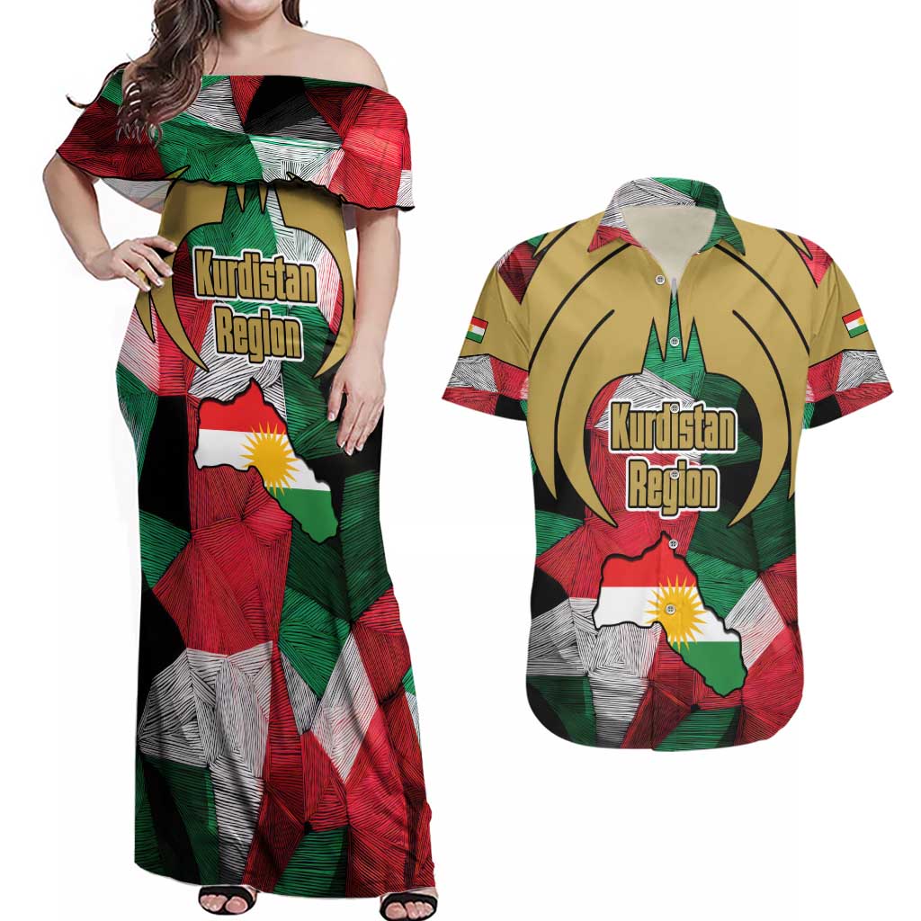 Kurdistan Region Iraq Couples Matching Off Shoulder Maxi Dress and Hawaiian Shirt Eagle Emblem Red Green Black - Wonder Print Shop
