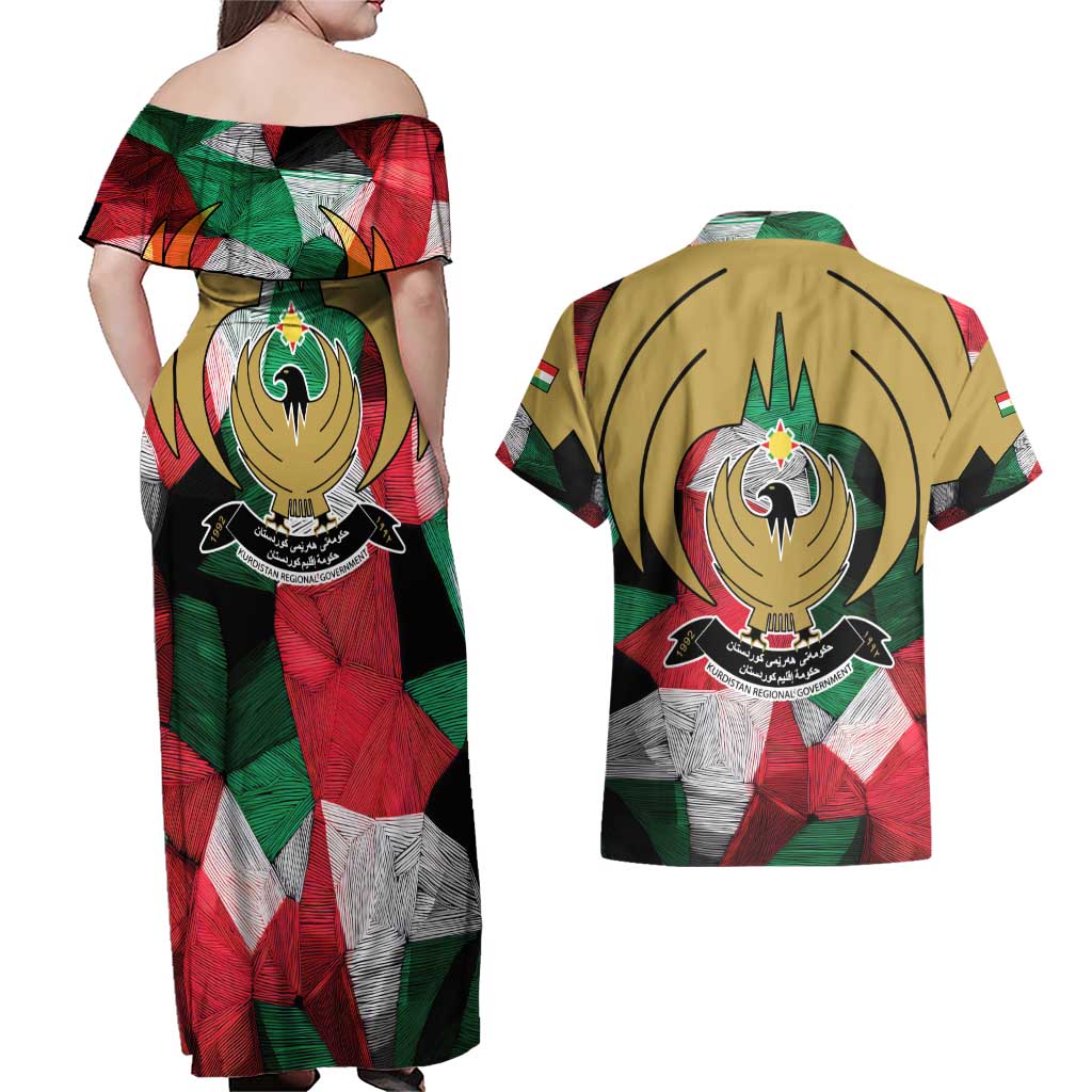 Kurdistan Region Iraq Couples Matching Off Shoulder Maxi Dress and Hawaiian Shirt Eagle Emblem Red Green Black - Wonder Print Shop