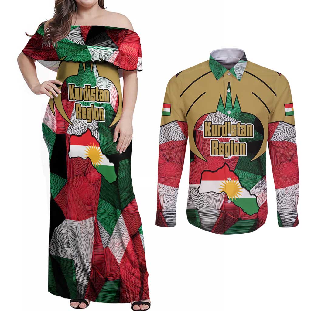 Kurdistan Region Iraq Couples Matching Off Shoulder Maxi Dress and Long Sleeve Button Shirt Eagle Emblem Red Green Black - Wonder Print Shop