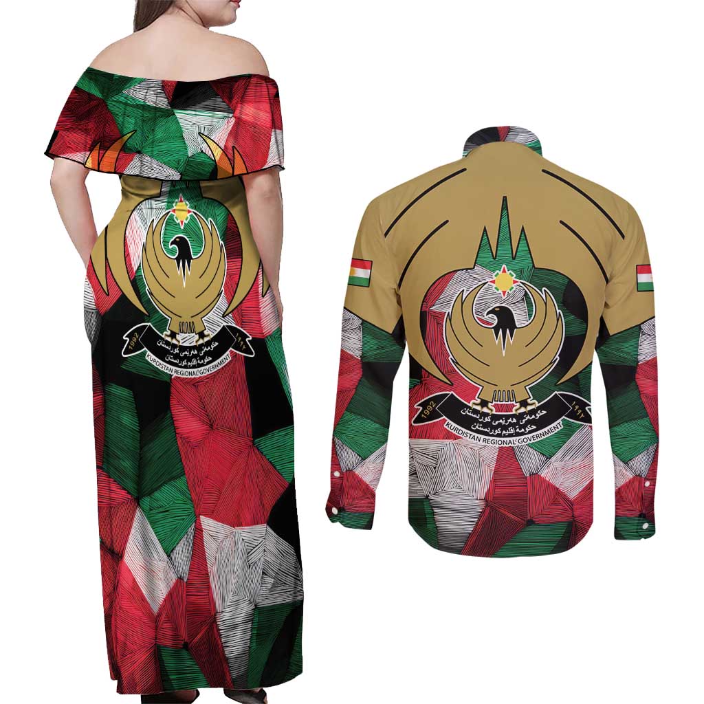 Kurdistan Region Iraq Couples Matching Off Shoulder Maxi Dress and Long Sleeve Button Shirt Eagle Emblem Red Green Black - Wonder Print Shop