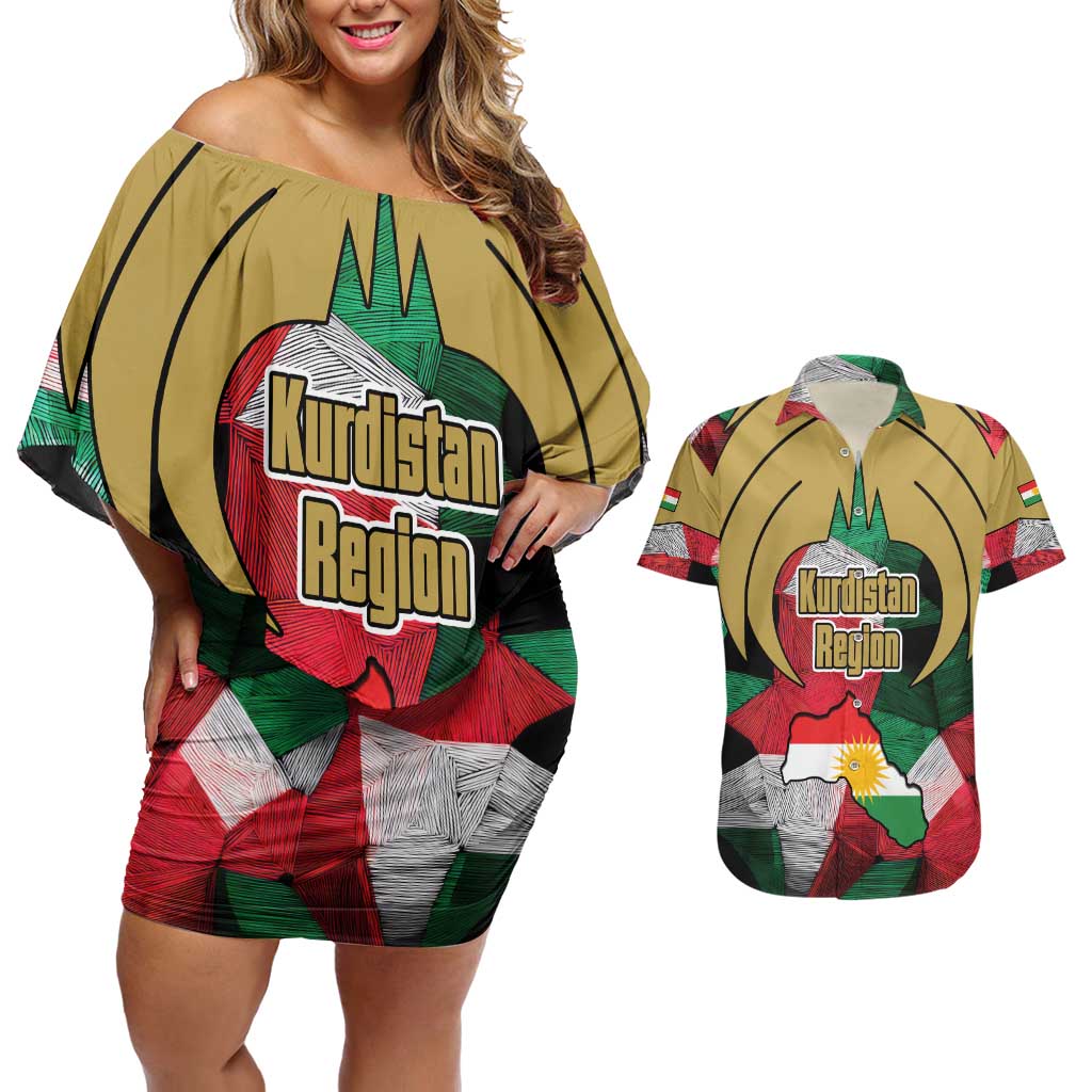 Kurdistan Region Iraq Couples Matching Off Shoulder Short Dress and Hawaiian Shirt Eagle Emblem Red Green Black - Wonder Print Shop
