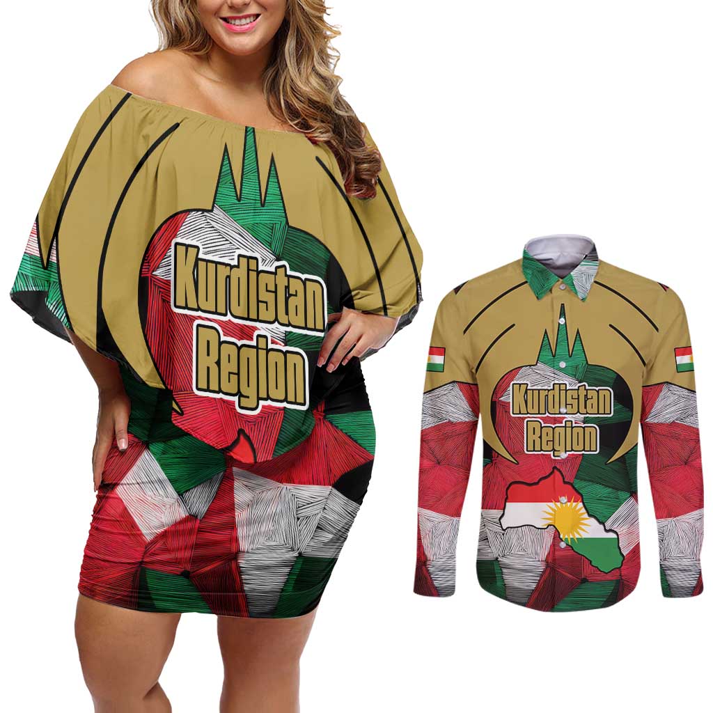 Kurdistan Region Iraq Couples Matching Off Shoulder Short Dress and Long Sleeve Button Shirt Eagle Emblem Red Green Black - Wonder Print Shop