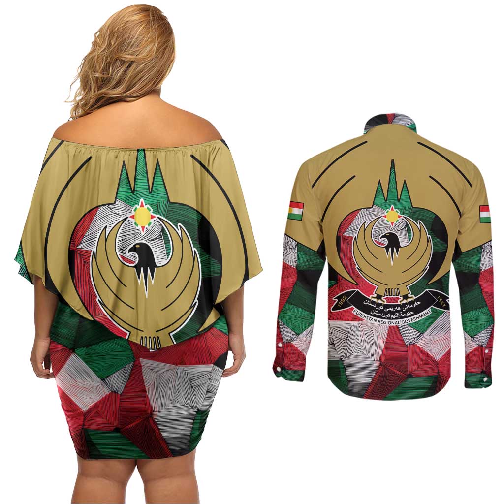 Kurdistan Region Iraq Couples Matching Off Shoulder Short Dress and Long Sleeve Button Shirt Eagle Emblem Red Green Black - Wonder Print Shop