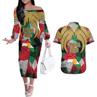 Kurdistan Region Iraq Couples Matching Off The Shoulder Long Sleeve Dress and Hawaiian Shirt Eagle Emblem Red Green Black - Wonder Print Shop