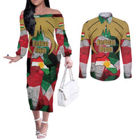 Kurdistan Region Iraq Couples Matching Off The Shoulder Long Sleeve Dress and Long Sleeve Button Shirt Eagle Emblem Red Green Black - Wonder Print Shop
