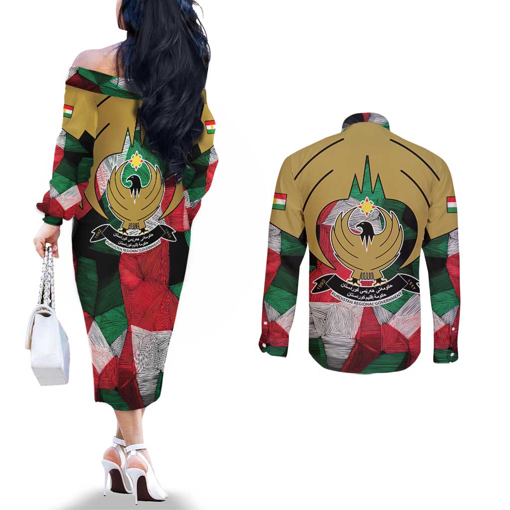 Kurdistan Region Iraq Couples Matching Off The Shoulder Long Sleeve Dress and Long Sleeve Button Shirt Eagle Emblem Red Green Black - Wonder Print Shop