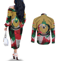 Kurdistan Region Iraq Couples Matching Off The Shoulder Long Sleeve Dress and Long Sleeve Button Shirt Eagle Emblem Red Green Black - Wonder Print Shop