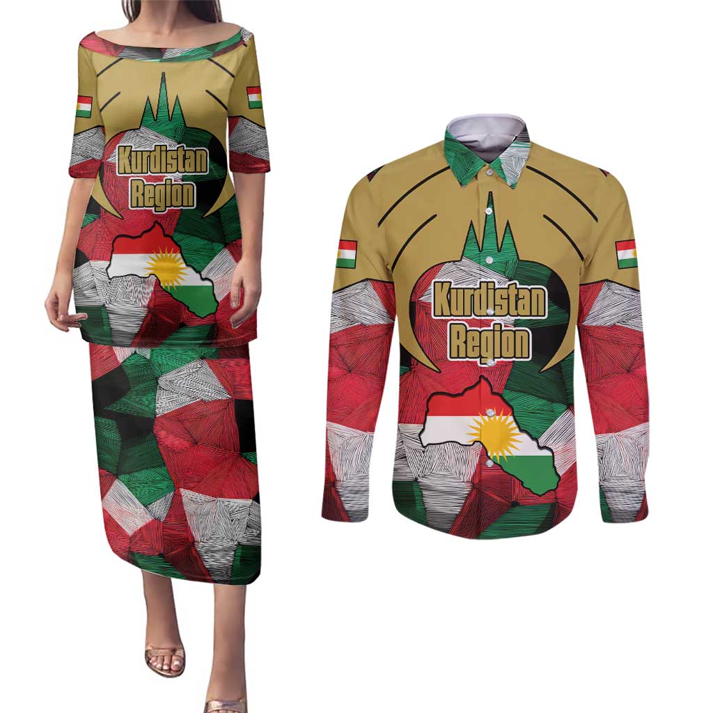 Kurdistan Region Iraq Couples Matching Puletasi and Long Sleeve Button Shirt Eagle Emblem Red Green Black - Wonder Print Shop