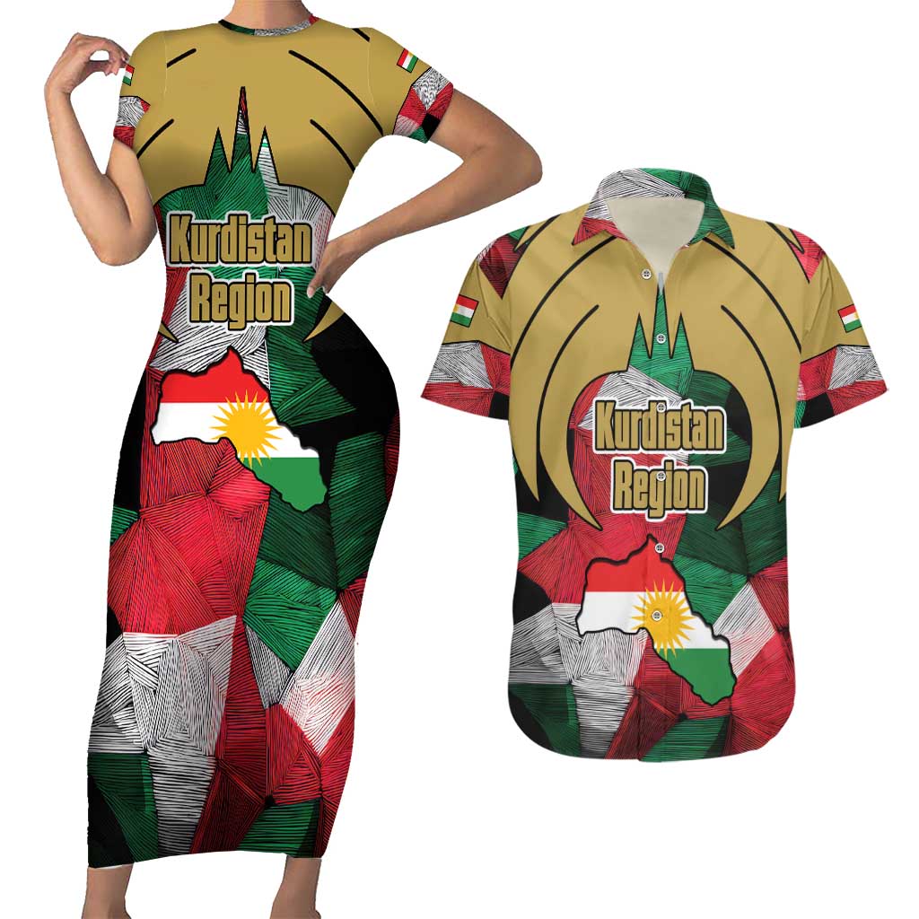 Kurdistan Region Iraq Couples Matching Short Sleeve Bodycon Dress and Hawaiian Shirt Eagle Emblem Red Green Black - Wonder Print Shop