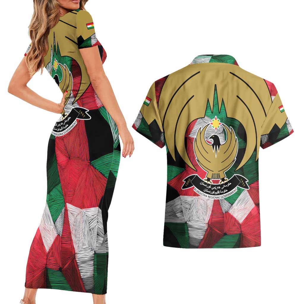 Kurdistan Region Iraq Couples Matching Short Sleeve Bodycon Dress and Hawaiian Shirt Eagle Emblem Red Green Black - Wonder Print Shop
