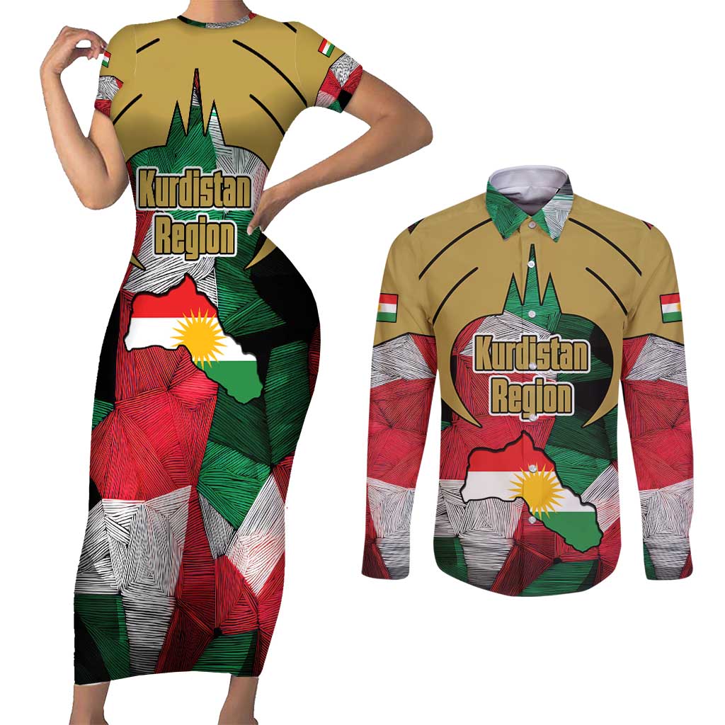 Kurdistan Region Iraq Couples Matching Short Sleeve Bodycon Dress and Long Sleeve Button Shirt Eagle Emblem Red Green Black - Wonder Print Shop