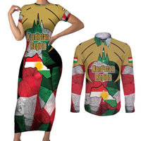 Kurdistan Region Iraq Couples Matching Short Sleeve Bodycon Dress and Long Sleeve Button Shirt Eagle Emblem Red Green Black - Wonder Print Shop