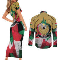 Kurdistan Region Iraq Couples Matching Short Sleeve Bodycon Dress and Long Sleeve Button Shirt Eagle Emblem Red Green Black - Wonder Print Shop