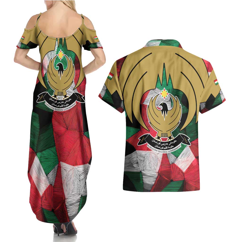 Kurdistan Region Iraq Couples Matching Summer Maxi Dress and Hawaiian Shirt Eagle Emblem Red Green Black - Wonder Print Shop