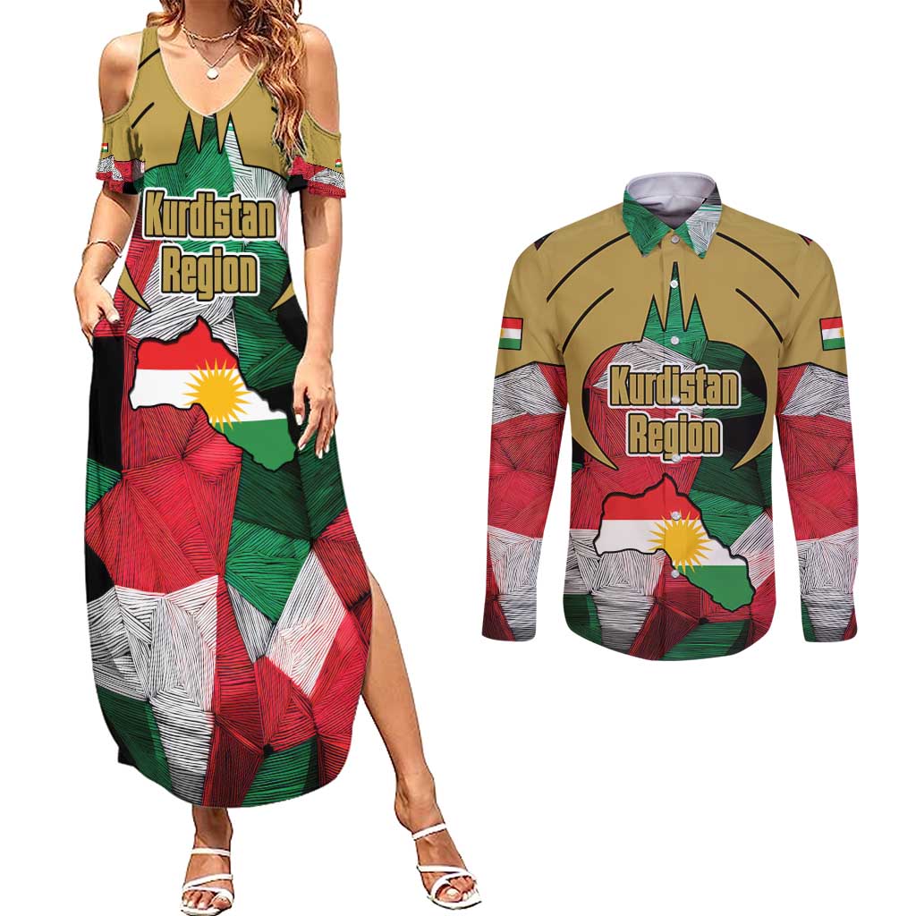 Kurdistan Region Iraq Couples Matching Summer Maxi Dress and Long Sleeve Button Shirt Eagle Emblem Red Green Black - Wonder Print Shop