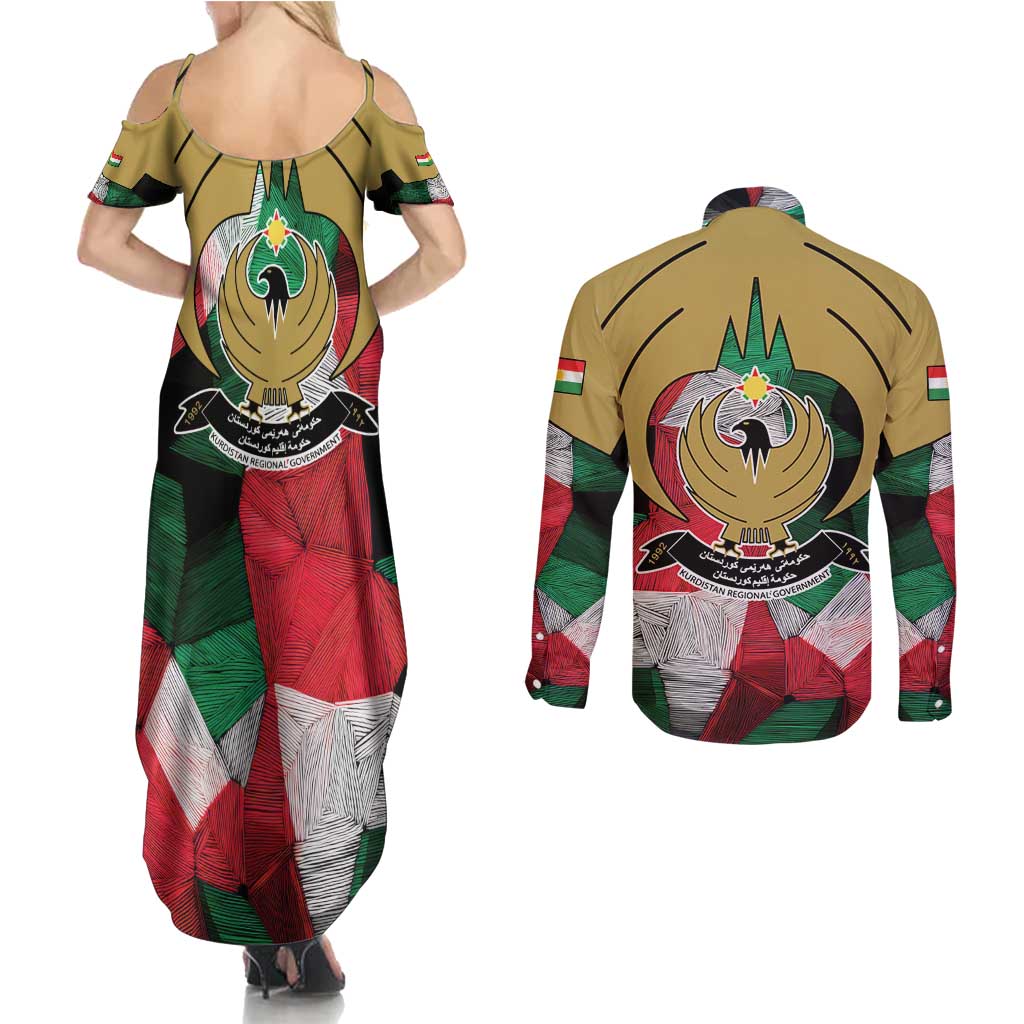 Kurdistan Region Iraq Couples Matching Summer Maxi Dress and Long Sleeve Button Shirt Eagle Emblem Red Green Black - Wonder Print Shop