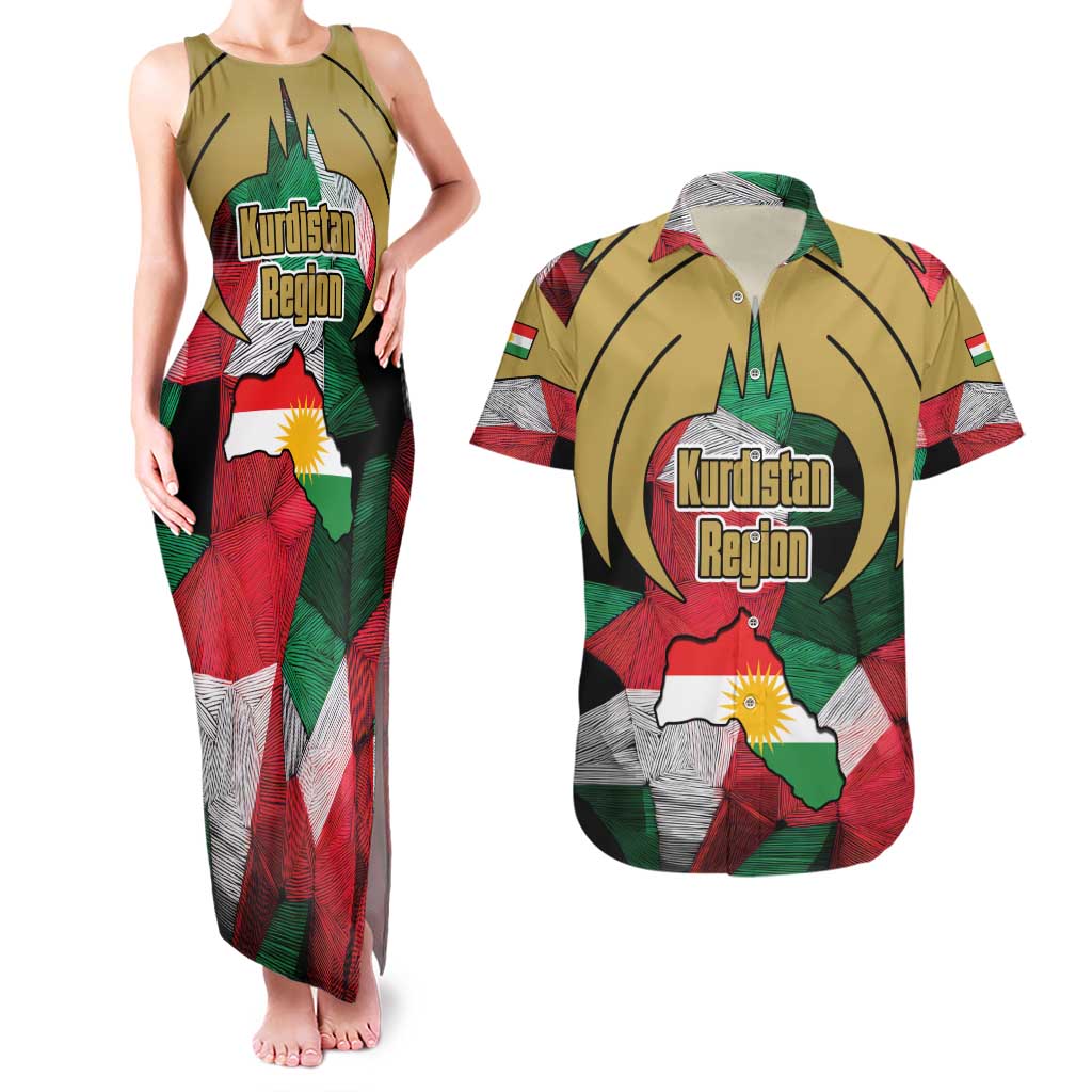 Kurdistan Region Iraq Couples Matching Tank Maxi Dress and Hawaiian Shirt Eagle Emblem Red Green Black - Wonder Print Shop